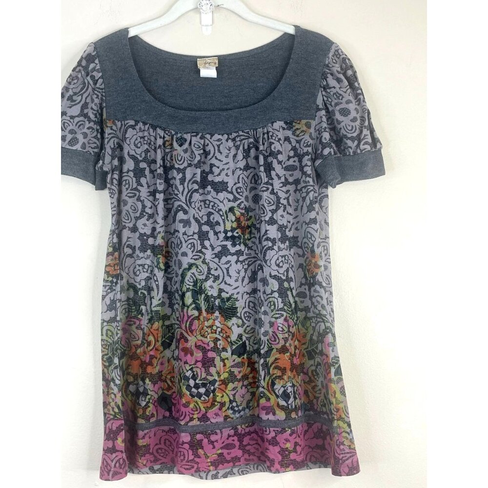 Vintage 90s Y2K Indie Floral Top Small Square Neck Puff Sleeve Longline Artsy